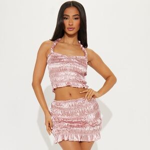 NWT FASHION NOVA Aurora Satin Ruched Skirt Set